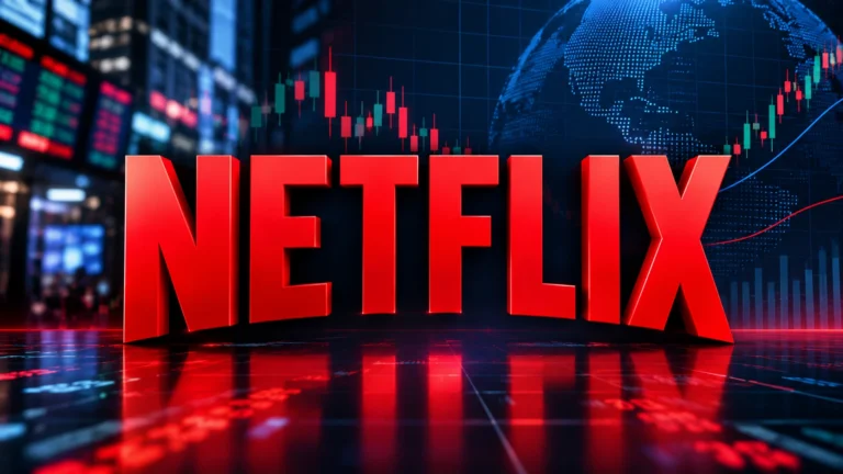 Netflix logo with stock market charts and financial trading displays in the background